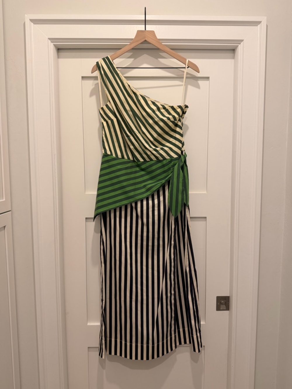Simon Miller - Large - One-Shoulder Green, Black, and Cream Striped Midi Dress